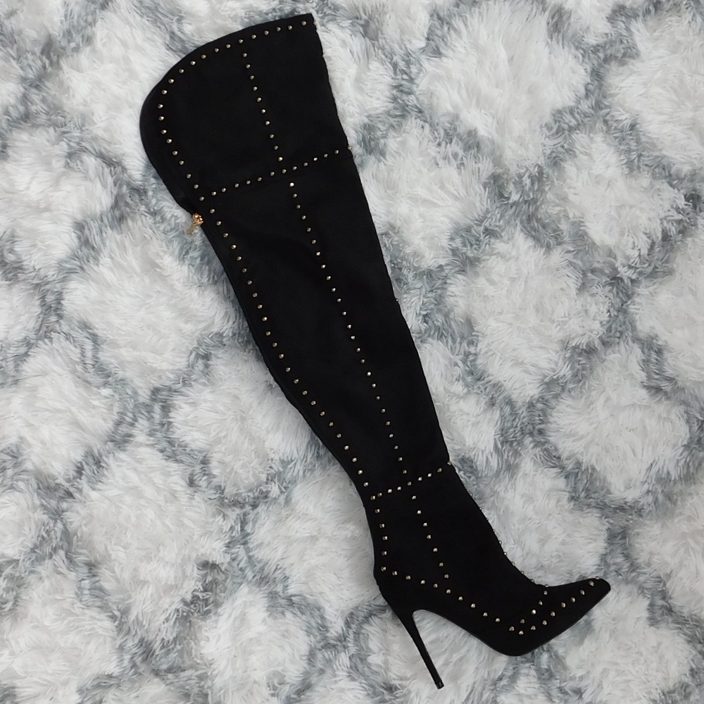 Black &Gold Studded Over the Knee Boots - Picture 2 of 6